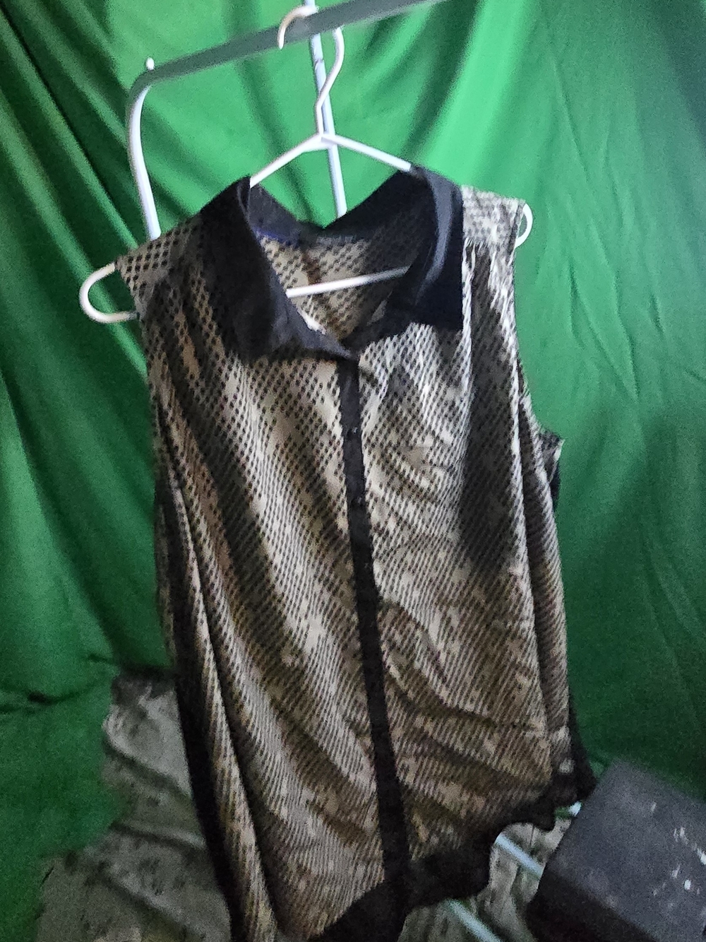 Michel Studio Sleeveless Sheer Beige Blouse with Black Trim